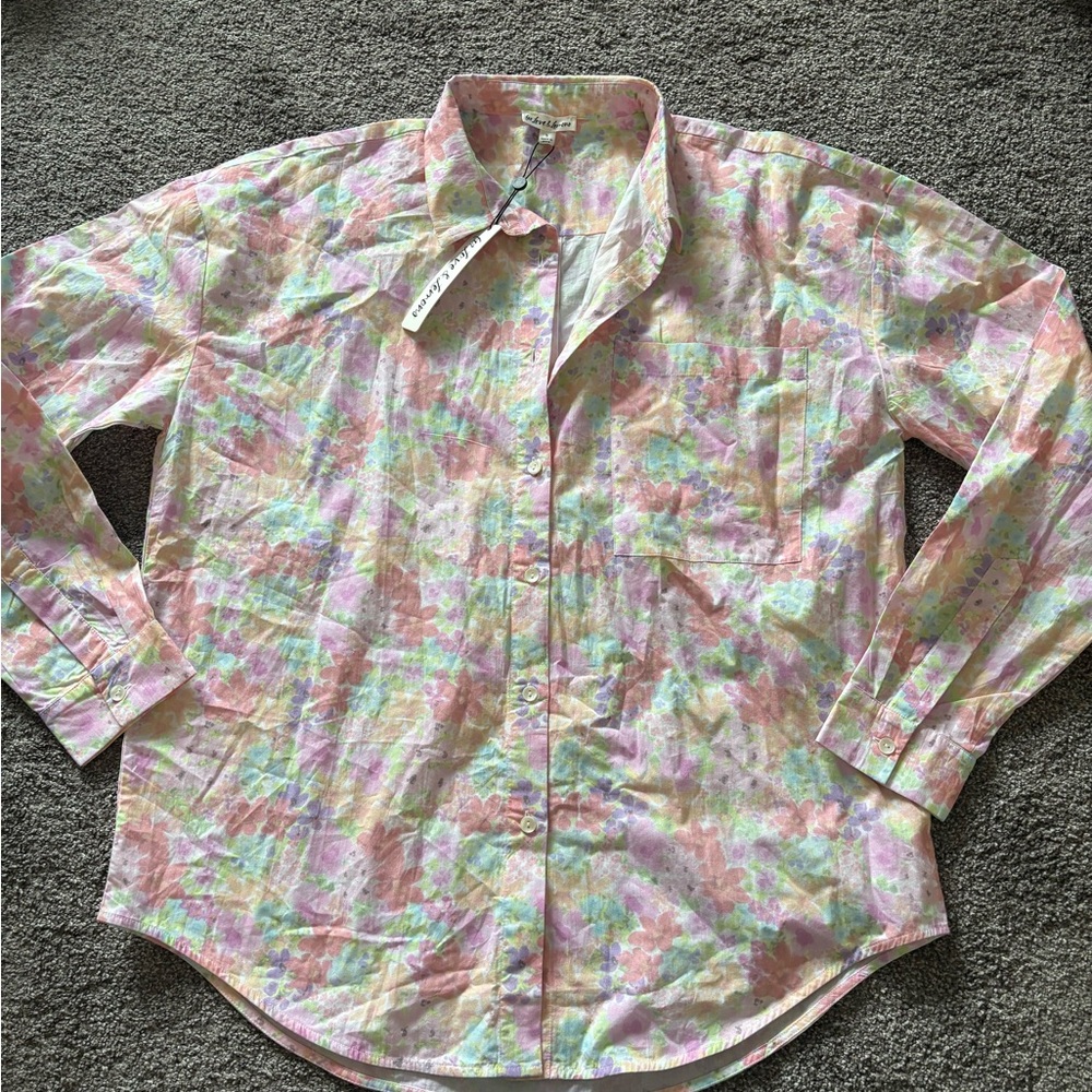 NWT For Love & Lemons Floral Print Long-Sleeve Shirt - Pink Multi